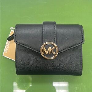 Michael Kors Black Wallet with Leather Material and Gold Emblem